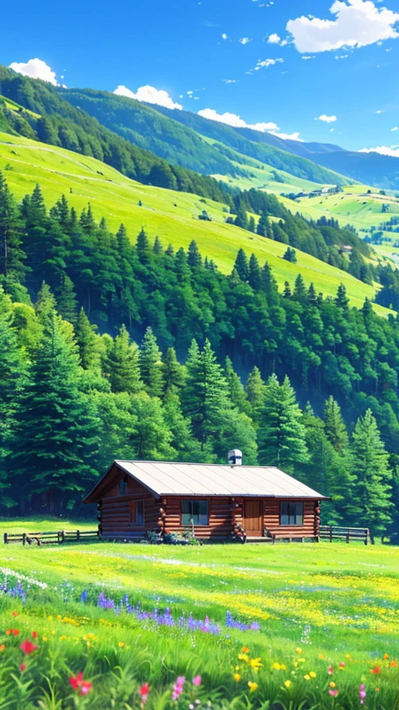 **Prompt:**

"Capture the serene beauty of rustic wooden cabins nestled amidst a vibrant, flower-filled meadow on a sunny day. The cabins, made of natural logs with off-white or light-colored roofs, sit under a vast, bright blue sky adorned with fluffy white clouds. Emphasize the contrast between the wooden textures of the cabins and the vivid colors of the wildflowers, with a backdrop of gently rolling green hills. Focus on the harmonious blend of nature's elements, creating a peaceful and picturesque countryside scene."