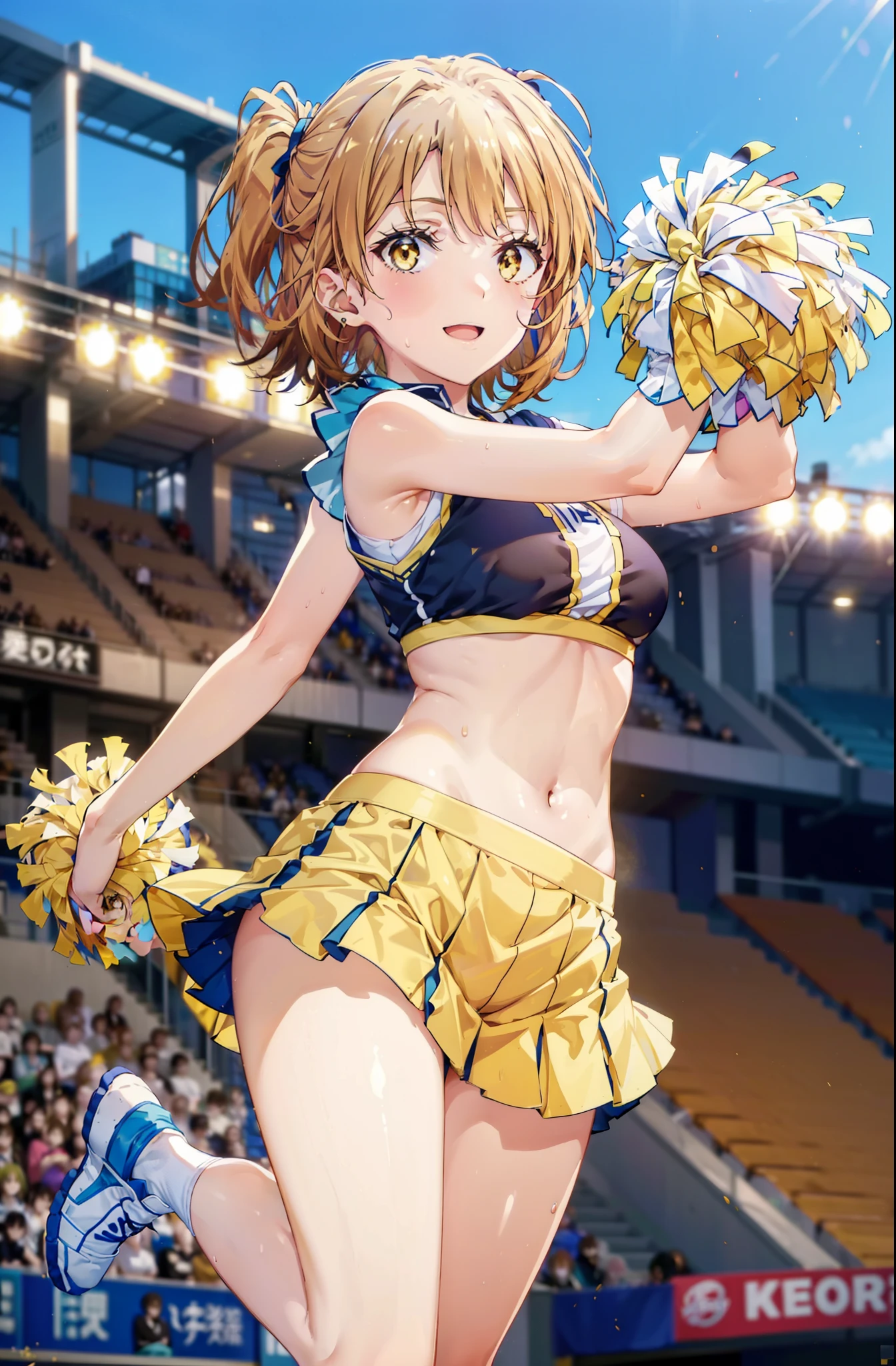 irohaisshiki, iroha isshiki, short hair, brown hair, (Brown eyes:1.5), smile,happy smile, smile, Open your mouth,(cheer leading), (whole body), Big Breasts, Lower, (Sweaty), Sweaty Wet Clothes, (Yellow clothes),No sleeve,Yellow pleated skirt,sneakers , Belly button support, playground, (Jump), (Jump), 足を曲げてJumpする, air, blue sky, Grass原, smile
チアリーダー, Pom-pom \(cheer leading\), Grass, smile, whole bodyがイラストに入るように,
break outdoors,Stadium,
break looking at viewer,whole body,
break (masterpiece:1.2), Highest quality, High resolution, unity 8k wallpaper, (shape:0.8), (Fine and beautiful eyes:1.6), Highly detailed face, Perfect lighting, Highly detailed CG, (Perfect hands, Perfect Anatomy),