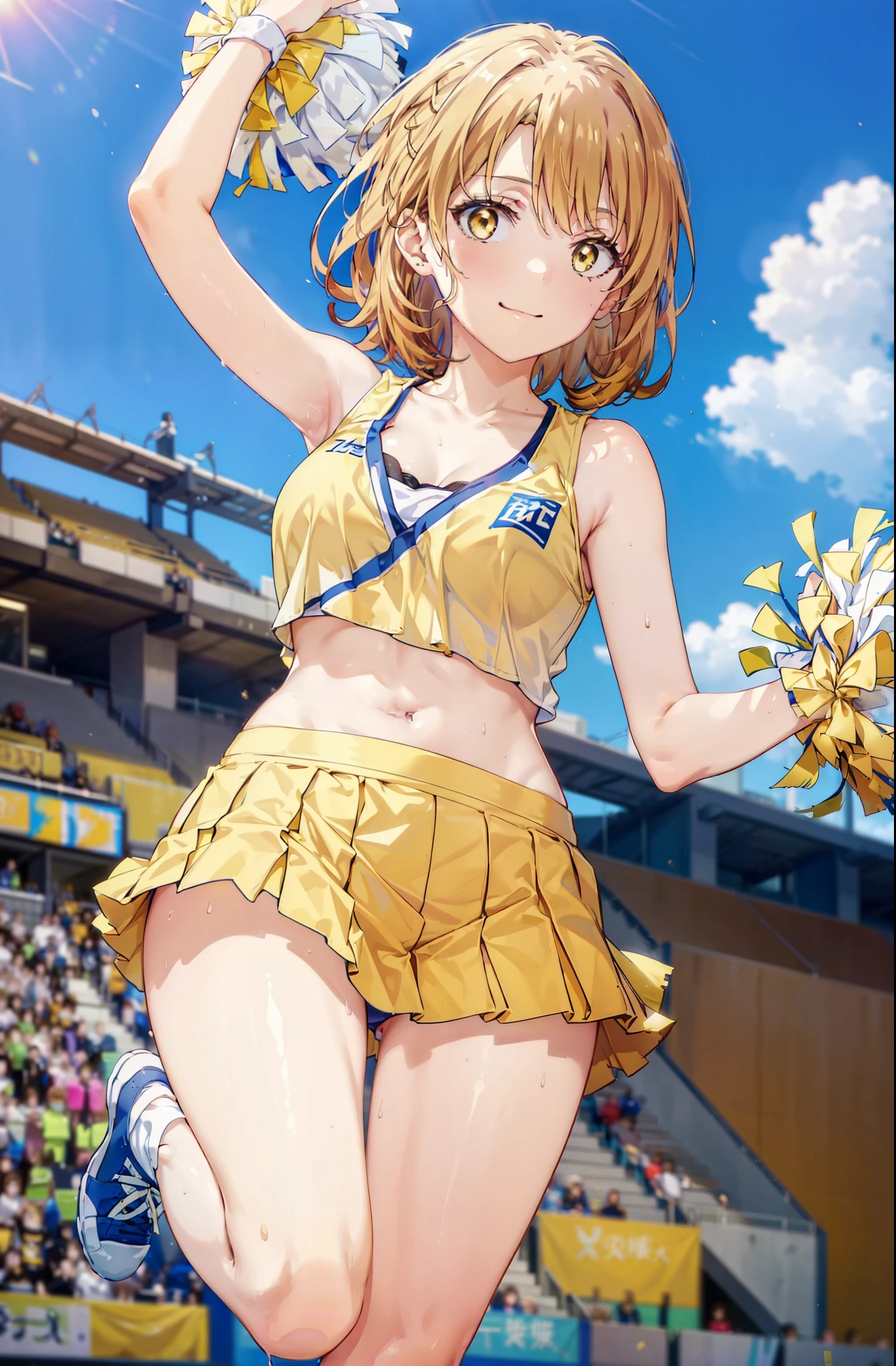 irohaisshiki, iroha isshiki, short hair, brown hair, (Brown eyes:1.5), smile,happy smile, smile, Open your mouth,(cheer leading), (whole body), Big Breasts, Lower, (Sweaty), Sweaty Wet Clothes, (Yellow clothes),No sleeve,Yellow pleated skirt,sneakers , Belly button support, playground, (Jump), (Jump), 足を曲げてJumpする, air, blue sky, Grass原, smile
チアリーダー, Pom-pom \(cheer leading\), Grass, smile, whole bodyがイラストに入るように,
break outdoors,Stadium,
break looking at viewer,whole body,
break (masterpiece:1.2), Highest quality, High resolution, unity 8k wallpaper, (shape:0.8), (Fine and beautiful eyes:1.6), Highly detailed face, Perfect lighting, Highly detailed CG, (Perfect hands, Perfect Anatomy),