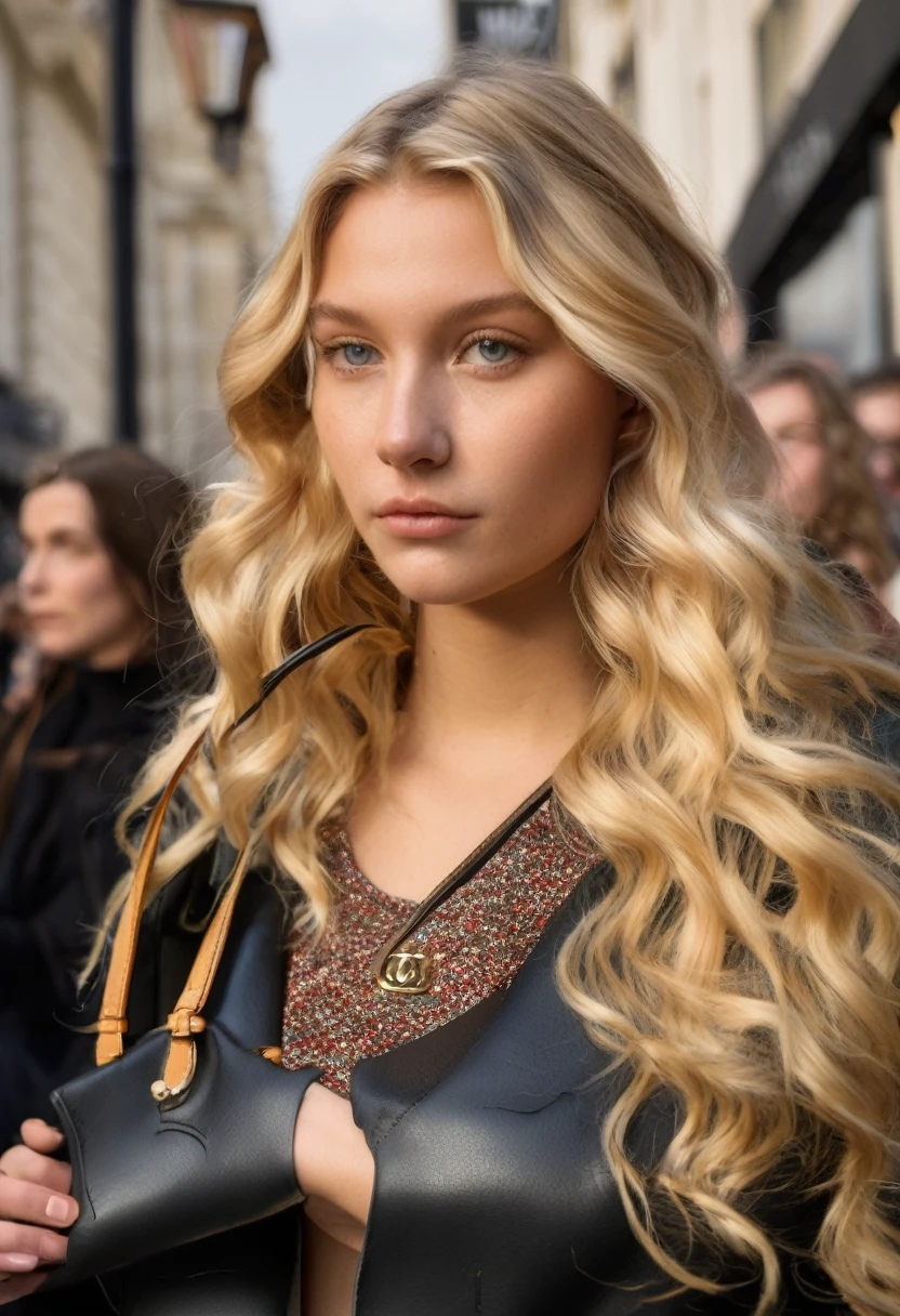 fille de 21 ans, blond, with wavy hair, se tient devant une boutique Louis Vuitton, toucher ses cheveux. Elle présente une silhouette élancée et une apparence de mannequin, porter des vêtements de Louis Vuitton, capturer l'élégance et la sophistication du moment. Mettre en valeur la beauté des environs, she exudes an elegant presence, gros seins, l'image est prise de face, offering a beautiful and seductive look, gros seins