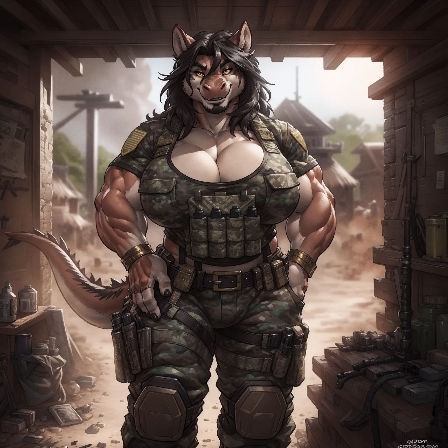 solo, 1girl, red Dragon, female, broad shoulders, stocky build, buff, muscular, large breasts, gold eyes, highly detailed eyes, long snout, Amazon, powerful figure, wearing camouflage_uniform, (monochrome uniform:1.2), military camp, rolled sleeves, shirt, cleavage, standing upright, combat boots, full body, smiling, friendly, looking at viewer, realistic lighting, by darkgem, by wfa, by gideon,