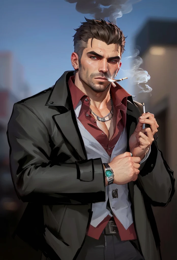 a close up of a man smoking a cigarette in a suit, cyberpunk street goon, as the protagonist of gta 5, style of gta v artworks, portrait of adam jensen, style of raymond swanland, shadowrun character art, gta character, detailed character art, sage ( valorant ), human male character art, inspired by Constantine Andreou