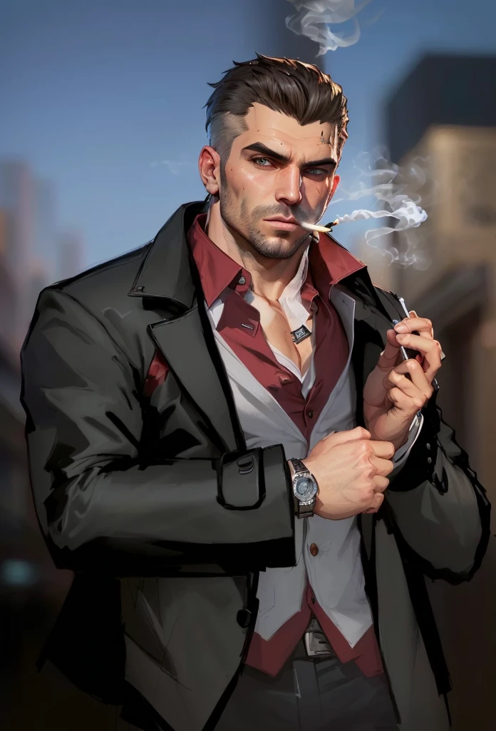 a close up of a man smoking a cigarette in a suit, cyberpunk street goon, as the protagonist of gta 5, style of gta v artworks, portrait of adam jensen, style of raymond swanland, shadowrun character art, gta character, detailed character art, sage ( valorant ), human male character art, inspired by Constantine Andreou