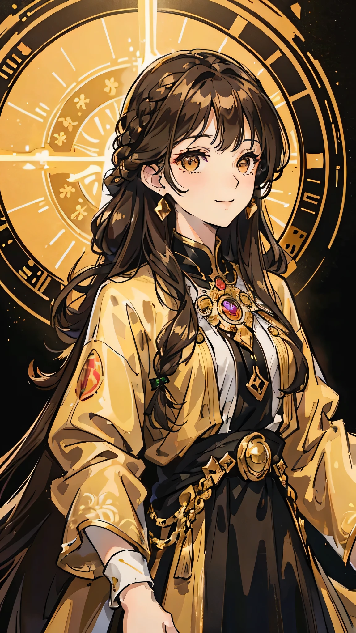 Woman , long dark brown hair, long dark brown hair , golden eyes, golden eyes, FOV, f1.8, masterpiece, front portrait shot, black and gold clothing, plain gold colored background, close up, smiling, front bangs, braid on the left side of hair, full front bangs