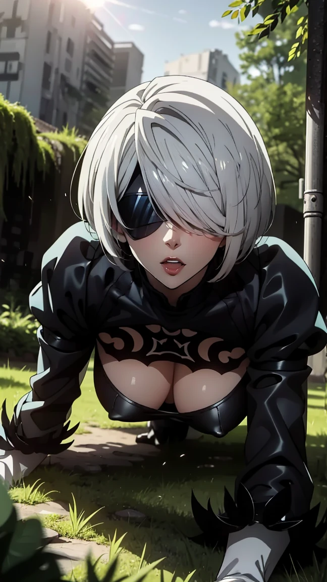 2b, Yorha 2B, white haired, Ssale, talons, talons altos,((naked, naked, NUDE)), (((Pussy, gigante breasts,NSFW, +18, gigante breasts))), pool, swimpool, Wet, dildo, masturbation,