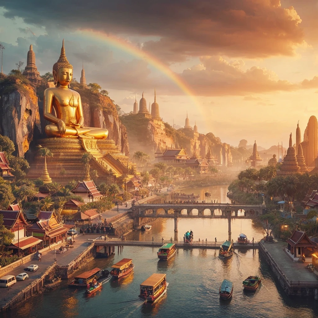 Thai ancient gold Buddha pose at the narrow river