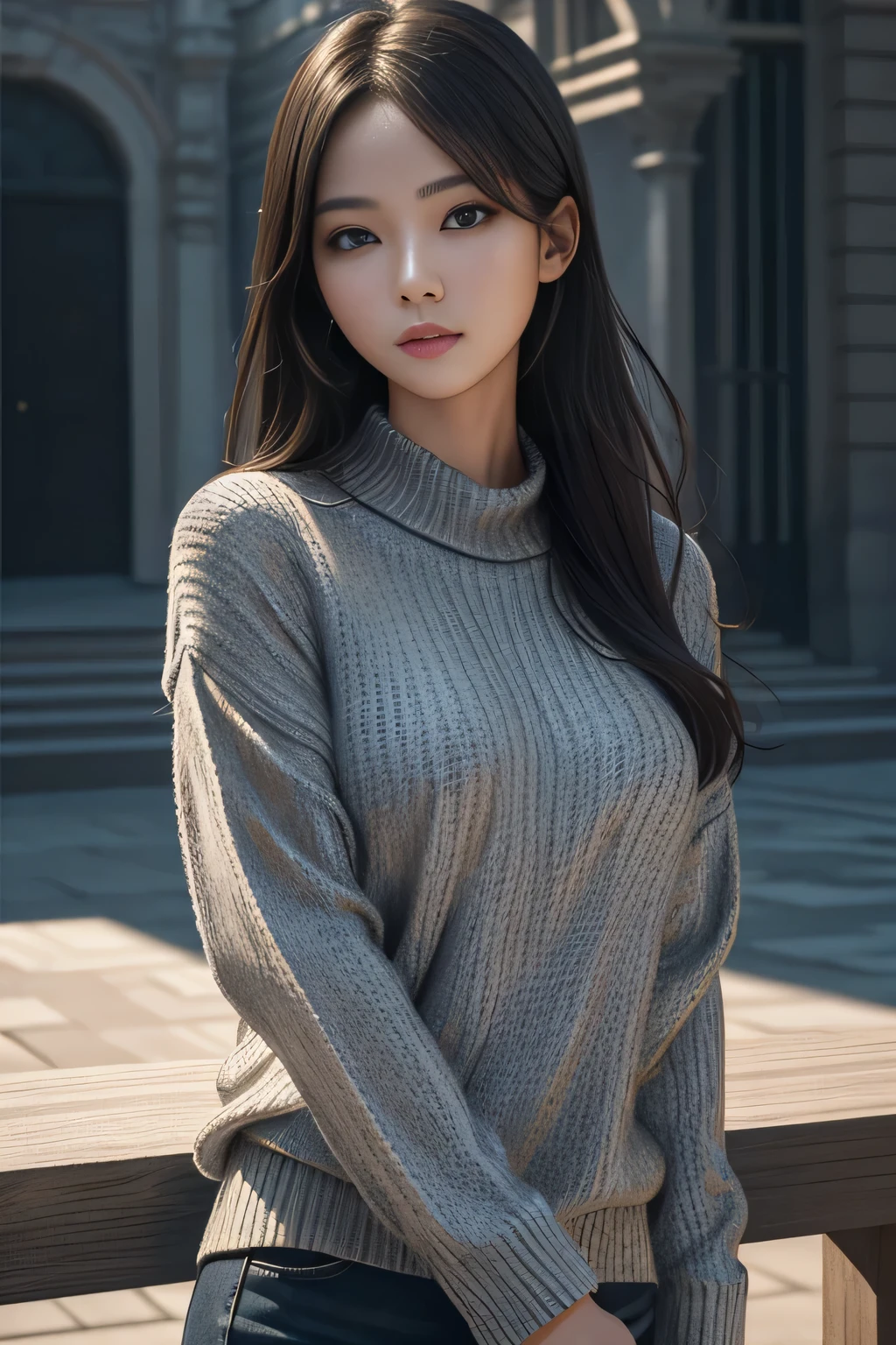 超A high resolution、masterpiece、top-quality、 extra detailed face、A detailed eye、Very complex and、Perfect shiny shiny skin、Perfect litthing、detailed lighting、Dramatic shadows、Ray Tracing、 1girl、The upper part of the body、grey sweater、looking at the viewers、