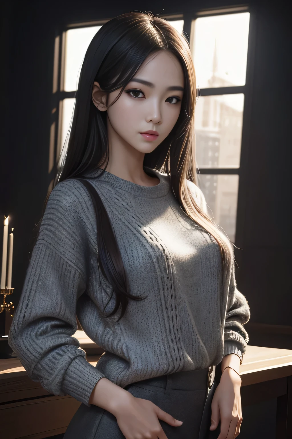 超A high resolution、​masterpiece、top-quality、 extra detailed face、A detailed eye、Very complex and、Perfect shiny shiny skin、Perfect litthing、detailed lighting、Dramatic shadows、Ray Tracing、 1girl、The upper part of the body、grey sweater、looking at the viewers、