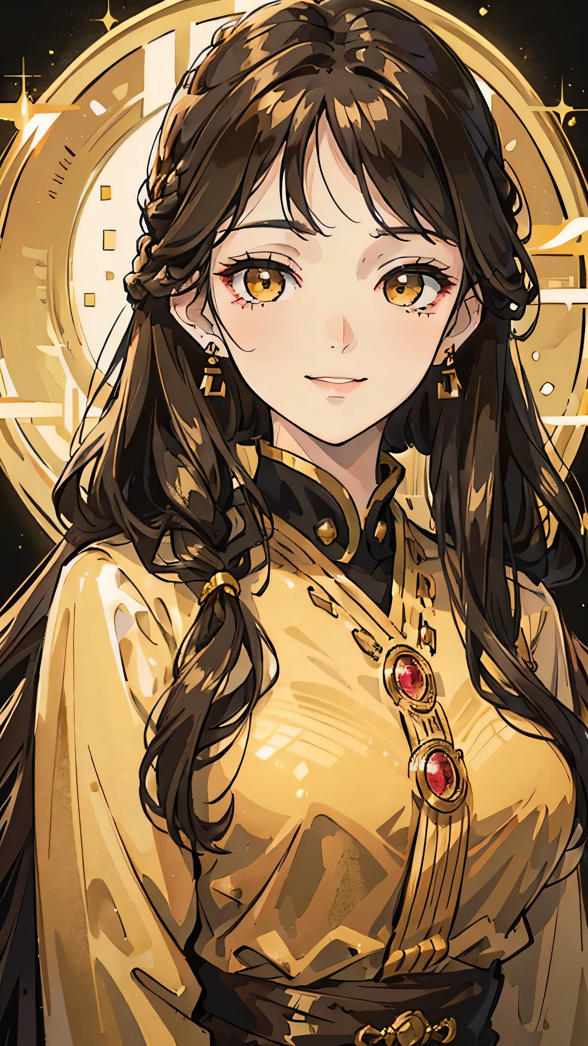Woman , long dark brown hair, long dark brown hair , golden eyes, golden eyes, FOV, f1.8, masterpiece, front portrait shot, black and gold clothing, plain gold colored background, close up, smiling, front bangs, braid on the left side of hair, full front bangs