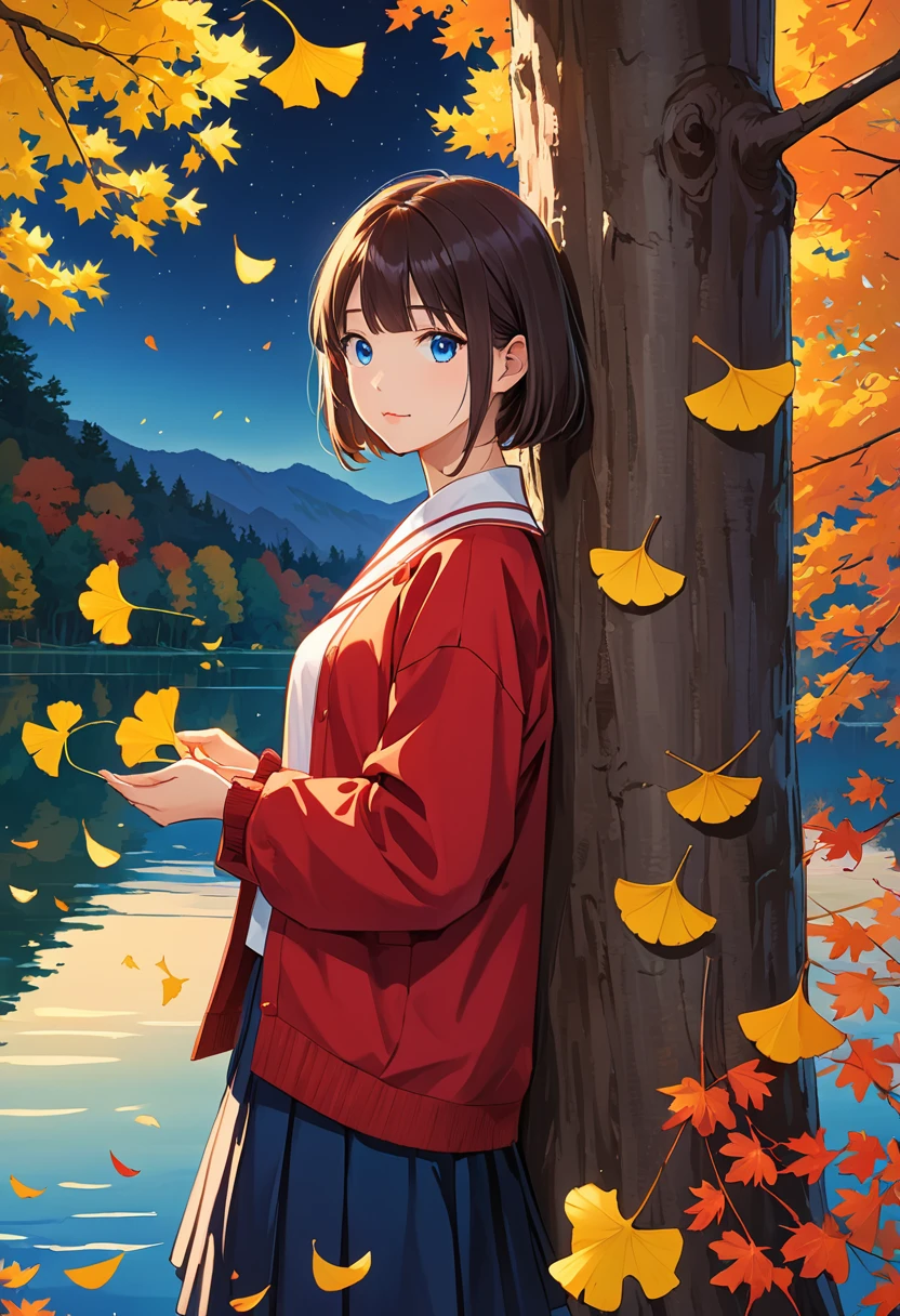 1 Girl, be opposed to_Tree, WHO_shizuha, anger_vein, autumn, autumn_Tree叶, Bangs, only_Tree, blue_Eye, blunt_Bangs, Branches, night, skirt, come down_Tree叶, forest, ginkgo_leaf, Keep_leaf, lake, leaf, leaf_background, leaf_head发_Decorations, leaf_exist_head, leaf_Print, Lips, lexistg_head发, Watching_exist_Viewer, maple_leaf, nexisture, outdoor, Solitary, permanent, stexiste_lantern, Tree, exist下面_Tree, black head发, teacher
