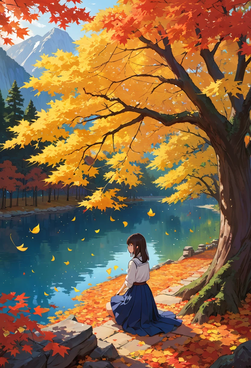 1 Girl, be opposed to_Tree, WHO_shizuha, anger_vein, autumn, autumn_Tree叶, Bangs, only_Tree, blue_Eye, blunt_Bangs, Branches, night, skirt, come down_Tree叶, forest, ginkgo_leaf, Keep_leaf, lake, leaf, leaf_background, leaf_head发_Decorations, leaf_exist_head, leaf_Print, Lips, lexistg_head发, Watching_exist_Viewer, maple_leaf, nexisture, outdoor, Solitary, permanent, stexiste_lantern, Tree, exist下面_Tree, black head发, teacher 