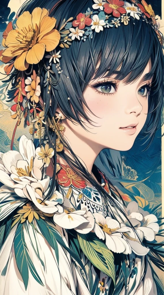 cute、Perfect Anatomy、Picturesque、sketch、texture、solo、Very detailed、(Fractal Art:1.1)、(Gentle colors:1.1)、(Floral:1.6)、Most detailed、(Zentangle:1.2)、(Dynamic pose)、(Abstract background:1.3)、(Glowing Skin)、(Many colors:0.8)、、(Earrings:1.4)、(feather:0.9)、Taisho romance,(masterpiece、Highest quality、Highest quality、Official Art、Beautiful and aesthetic:1.2)、