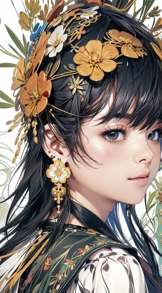 cute、Perfect Anatomy、Picturesque、sketch、texture、solo、Very detailed、(Fractal Art:1.1)、(Gentle colors:1.1)、(Floral:1.6)、Most detailed、(Zentangle:1.2)、(Dynamic pose)、(Abstract background:1.3)、(Glowing Skin)、(Many colors:0.8)、、(Earrings:1.4)、(feather:0.9)、Taisho romance,(masterpiece、Highest quality、Highest quality、Official Art、Beautiful and aesthetic:1.2)、