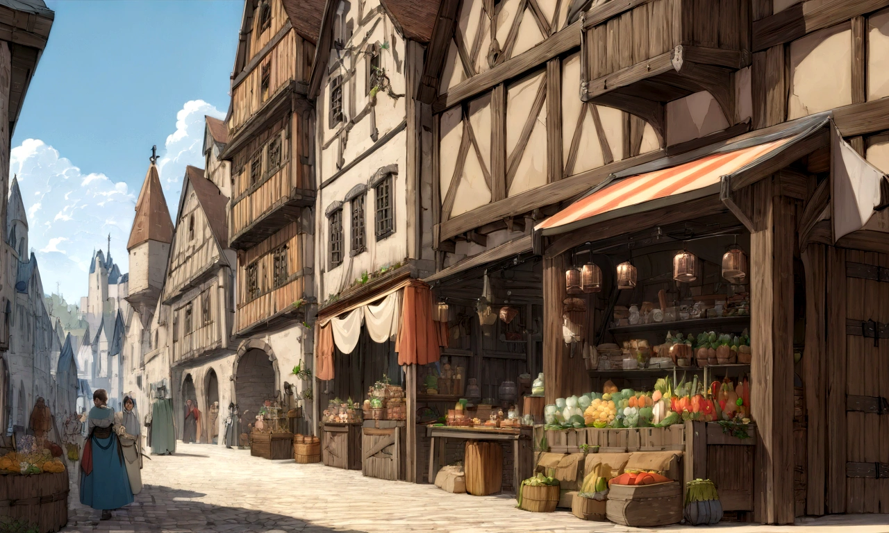 ((((masterpiece, Best Quality, High resolution)))), High detail, manga,anime,Illustrated style,Use of bright colors,Ghibli Studio「Howl's Moving Castle」The colors are like those used in daytime scenes., Medieval European fantasy worldview, There is no castle in the background,Evenly spaced on a wooden shelf1Prizes for a target shooting game lined up one by one, Herb bottles lined up as prizes at a food stall, Market Square during the day, Sparkling water gushes out in the sunlight., Bustling food stalls,No humans,人の着ている服はGhibli Studioの魔女の宅急便のような雰囲気, RPG-like scenery,The sky is bright blue、Fluffy white clouds floating, And the sun is shining brightly, Create a magical and cozy atmosphere,