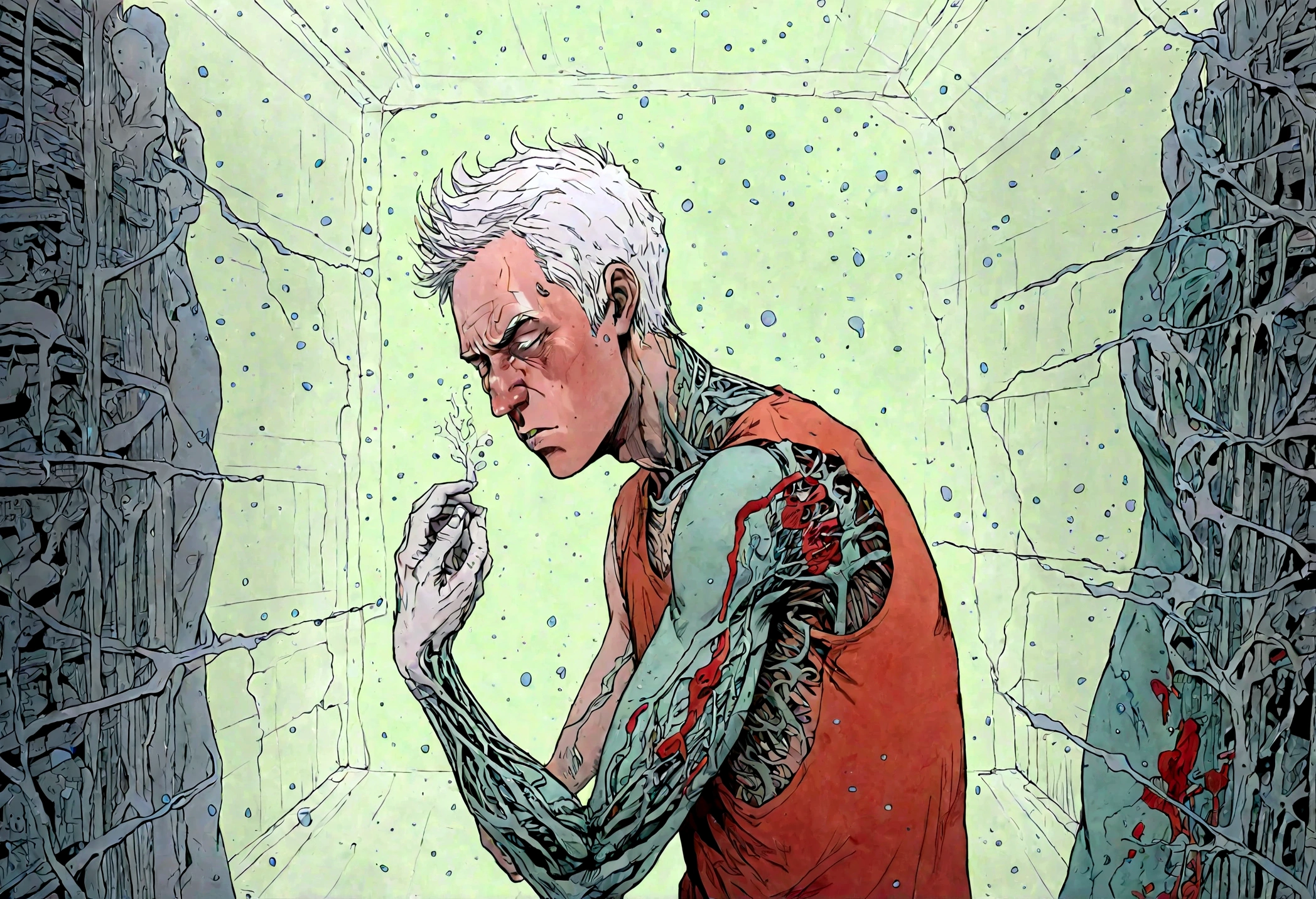 The young man, whose right arm is mechanical, develops an abnormally high fever and his body expands and collapses.、