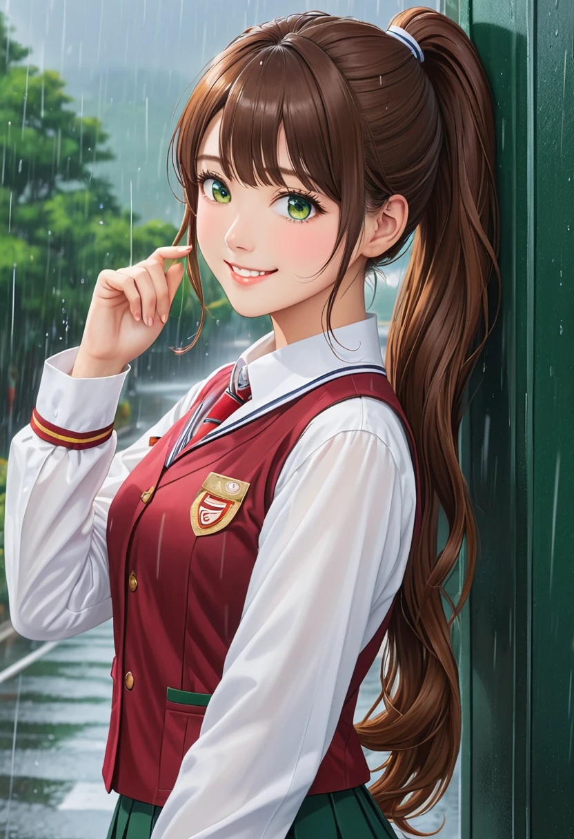 masterpiece, best quality, Official Art, (Highly detailed CG Unity 8k wallpaper), Detailed background, (Guido Daniel (Guido Daniele) Hand: 1.1), Feet out of frame, First-person perspective, 1, Charming and perfect beautiful woman, Female students, Korea, Female students Uniform, Rainy Day, Heavy rainfall, windy, (Beautiful curves), ( White thighs: 1.12), (Brown long hair: 1.12), (Ahog (1.13), (High Ponytail: 1.12), (Green eyes: 1.13), Large target, (cleveage), Pretty Face, (blush: 1.11), (Smile: 1.11)