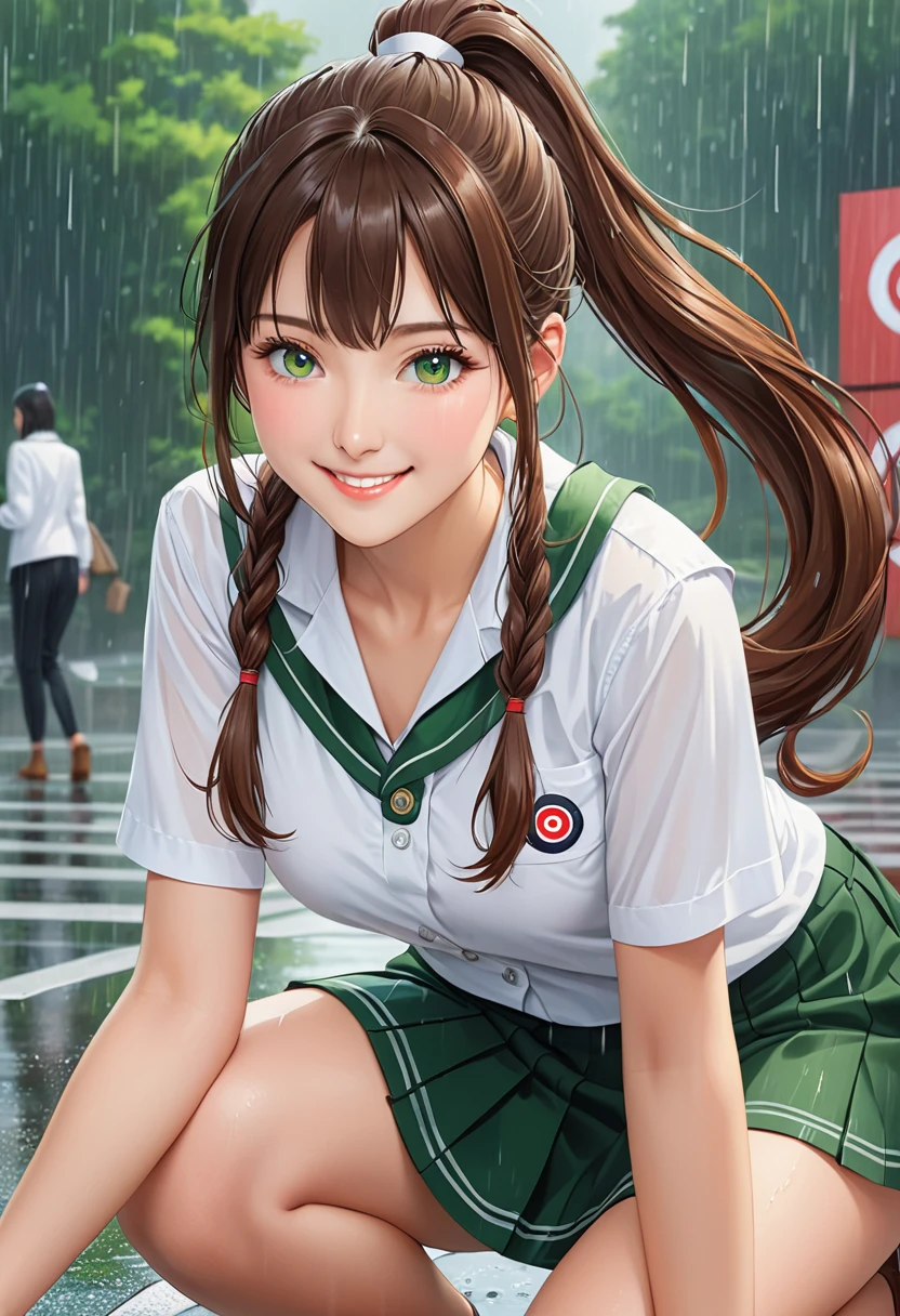 masterpiece, best quality, Official Art, (Highly detailed CG Unity 8k wallpaper), Detailed background, (Guido Daniel (Guido Daniele) Hand: 1.1), Feet out of frame, First-person perspective, 1, Charming and perfect beautiful woman, Female students, Korea, Female students Uniform, Rainy Day, Heavy rainfall, windy, (Beautiful curves), ( White thighs: 1.12), (Brown long hair: 1.12), (Ahog (1.13), (High Ponytail: 1.12), (Green eyes: 1.13), Large target, (cleveage), Pretty Face, (blush: 1.11), (Smile: 1.11)