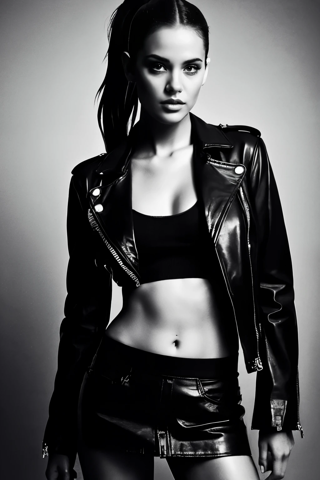 (masterpiece,best quality:1.2), high detailed,realistic, midshot,1girl, solo, ponytail, navel, black top, leather jacket, miniskirt, jewels, bellissima,by Ellen von Unwerth, monocrome, b&w raw photo,, bathed in dramatic studio lighting, dark theme