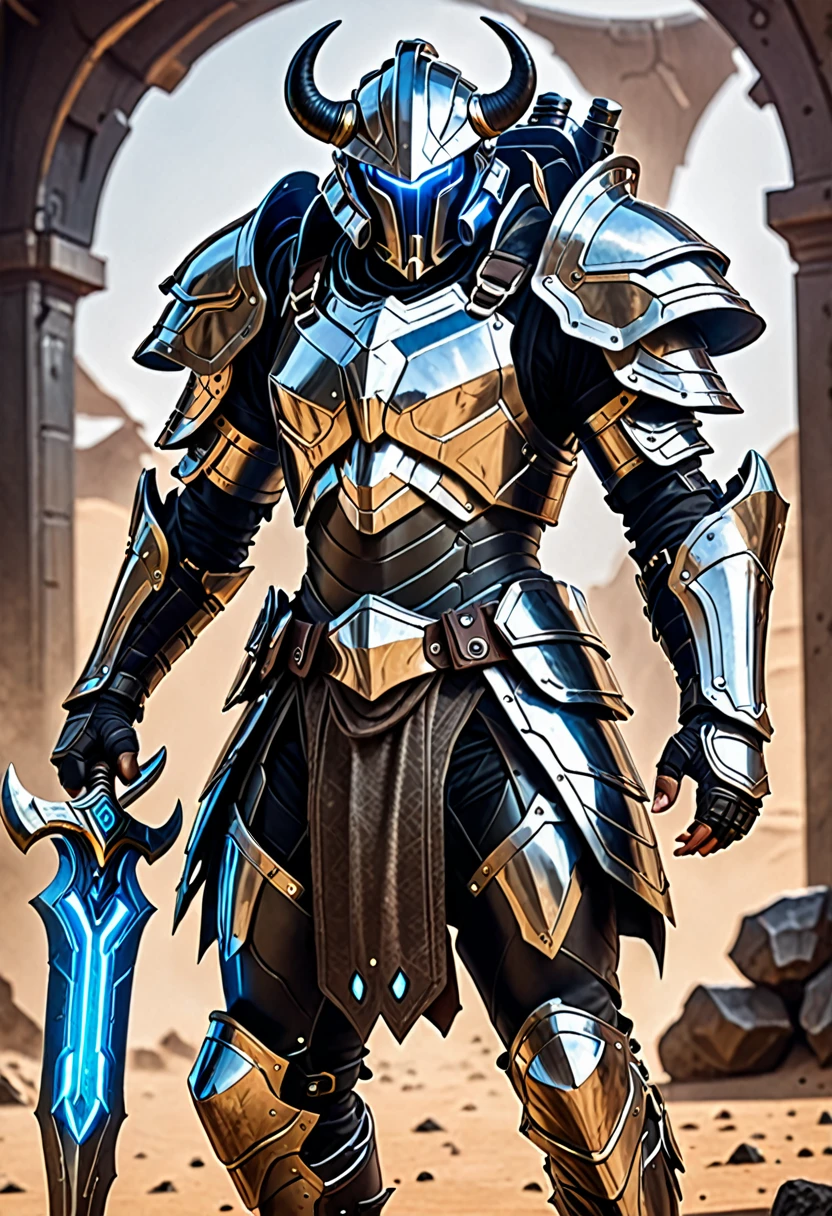a warrior wearing high tech futuristic plate armor with tusks while wielding 2 small hand axes
