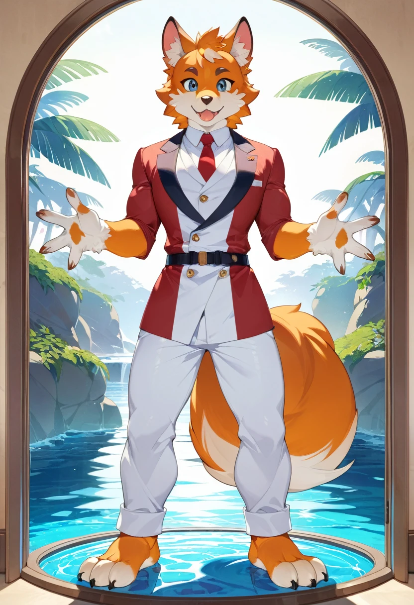 top quality, best quality, masterpiece, super high resolution, detailed background, good lighting, a big jar with colorful water(highly detailed beautiful face and eyes)absurdres, perfect anatomy(handsome 1boy, kemono, solo focus)(furry)(furry anthro:1.7)(Furry body, dog facial features, dog body features)(very detailed body fur)full body, full body, looking at view, hands on the glass,