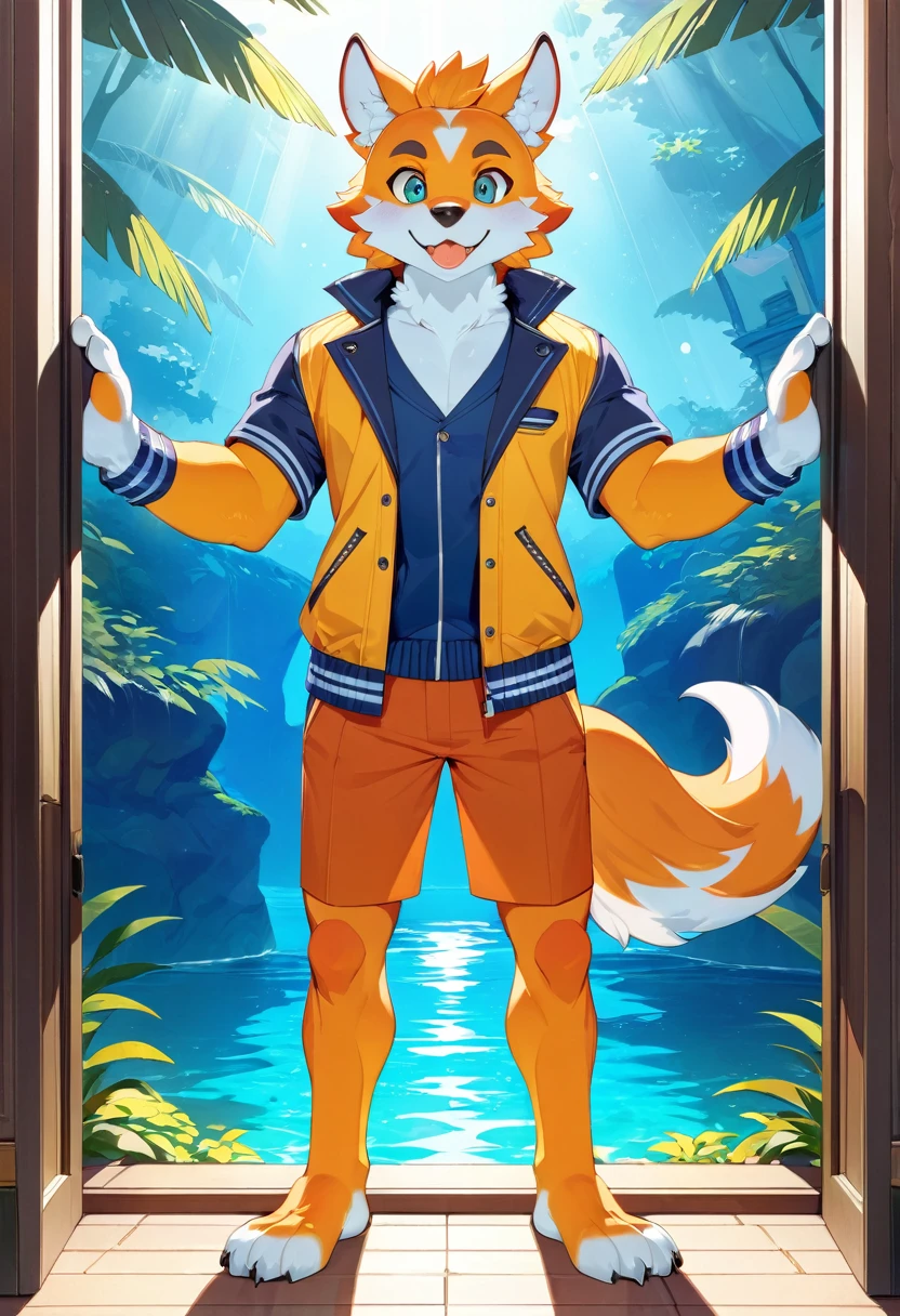 top quality, best quality, masterpiece, super high resolution, detailed background, good lighting, a big jar with colorful water(highly detailed beautiful face and eyes)absurdres, perfect anatomy(handsome 1boy, kemono, solo focus)(furry)(furry anthro:1.7)(Furry body, dog facial features, dog body features)(very detailed body fur)full body, full body, looking at view, hands on the glass,