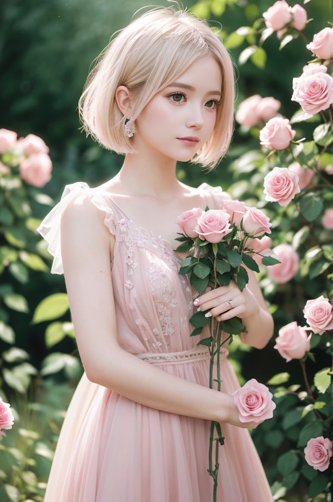 8k, RAW Photos, Fujifilm, Avril-like style photo of a beautiful young woman in a garden of pale pink roses (Highly detailed skin: 1.2) Style Petal Break Short Hair, Blonde and colored hair, Wearing a dress, Film Granulation, 35mm, Cute Style