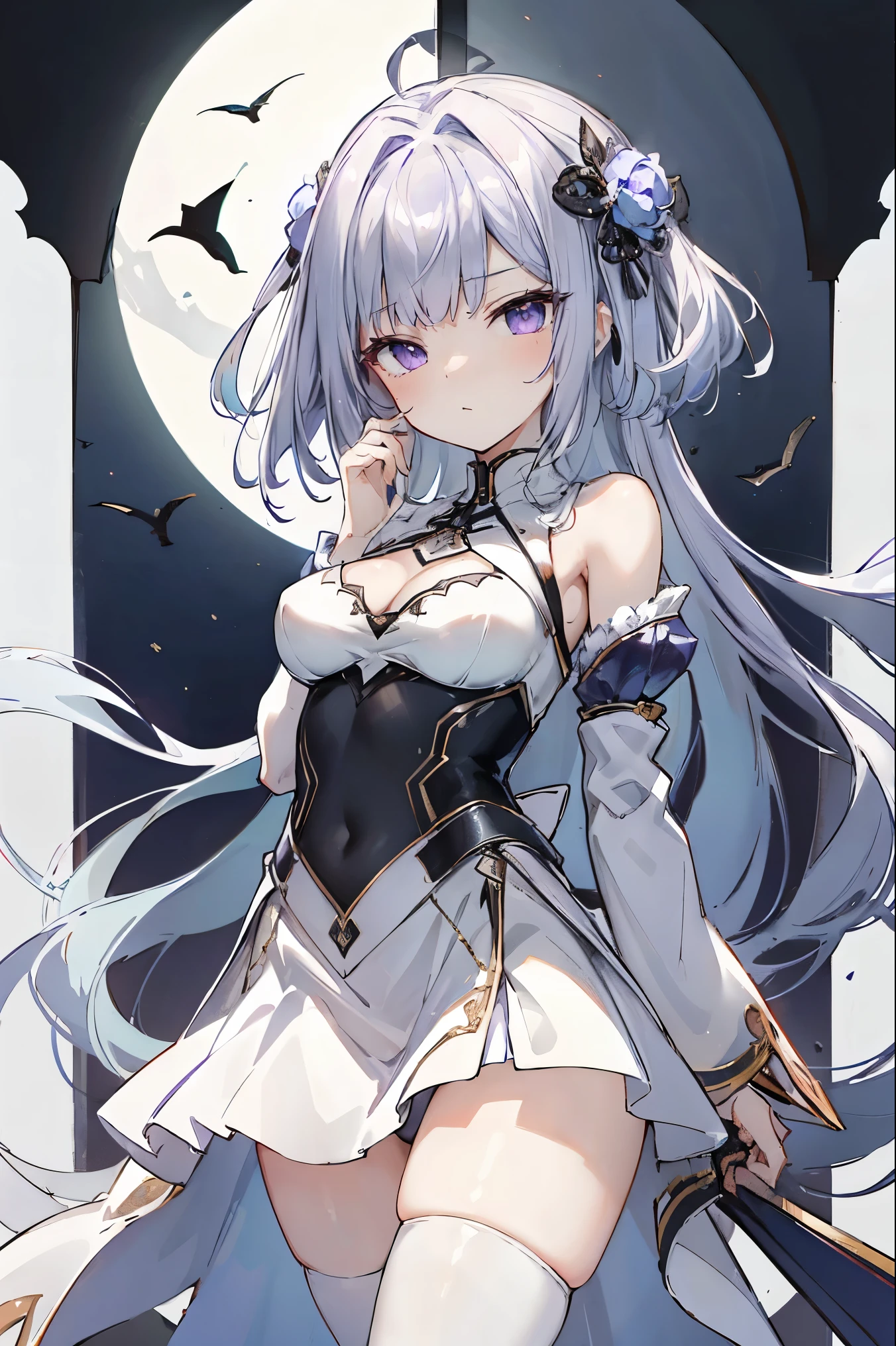 1girl, anime, cute girl, blank background, white background, fantasy, detailed fantasy dress with highlights, beautiful face, beautiful eyes, dark colors, black hair with multicolor streaks, red eye with different color pupil in eye, multicolor eye, medium breasts, slight cleavage, beautiful skin, cute, breast curtains, extremely delicate and beautiful, (beautiful detailed face:1.0), (detailed deep eyes), symmetrical breasts, deep eyes, shiny skin, portrait, slender waist, hips wider than shoulders, thighs, expressionless, young girl, luminous eyes, adorable,(Kpop idol),(aegyo sal:1),(Platinum blonde hair:1),((puffy eye)),Black panty,sexy posture,Superskirt, Ultra-high resolution,Black collar,slim figure, Abdominal y tattoo, womb tattoo,Tight-fitting leg ring,y tattoo on half-body,Bare skin, Armored hand,Hidden fingertips,Hand covered,Arm covered,Fist covered,{{beautiful detailed fingers}}, tufts of hair, moderate beautiful breast:1.0,(masterpiece:1.2), best quality, high-res, HDR, perfect face, intricate armor, delicate blue filigree, intricate filigree, red metalic parts, detailed part, dynamic pose, dynamic lights, cute face, neutral expression, shuimobysim, lotus, hanfu, maxi skirt, dress conservatively 1girl, solo, long blue hair, standing, One lady,14years,((White hair) ,(Shiny purple bodysuit with microskirt),((Fantasy, Moon Night)), gradient_eyes,