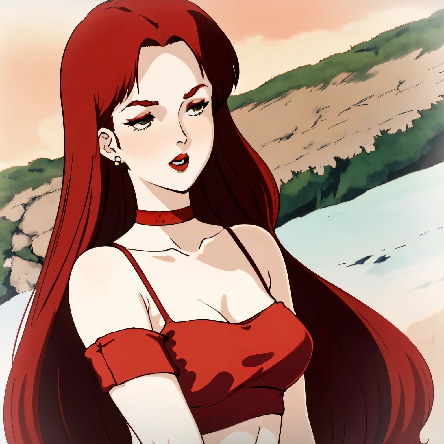 masterpiece,highres,high quality,upscaled,christinamackenzie,1girl, bare shoulders, (bra:1.2), belly, earrings, (red eyeshadow: 1.2), half closed eyes, open mouth, (red lips:1.1), choker, (face blush:1.1), (pale skin:1.2), (long hair:1.2),green eyes,parted bangs,red hair, 