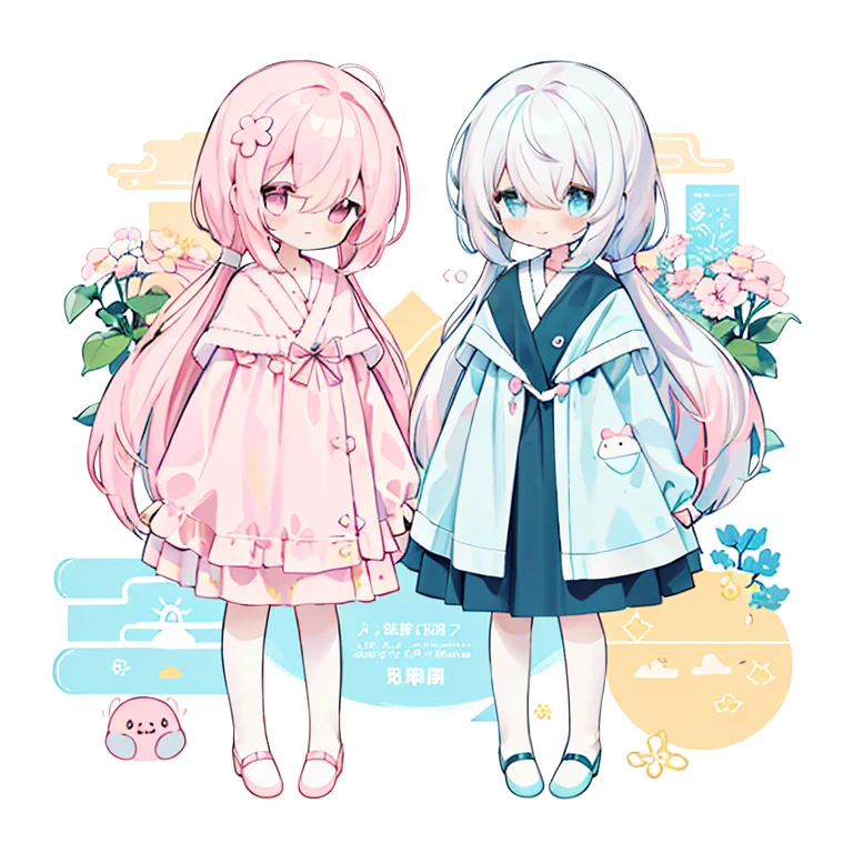 (PastelColors:1.5)、(Cute illustration:1.5)、(1 girl:1.0)、hair between eye、 hair between eye, 1 girl、full body Esbian、depth of fields、Deformed Character、Mini Character Girl、loose、Potato、Pale dull color、White Standard、Stretch out both hands、short limbs、Cute smile、Intriguing desire for asylum、Loose world、one girls、Deformed illustration、Mini Character Illustration、(Only one girl:1.4)、(Standing picture:1.2)、White hair、White and pink girl、White and light blue girl