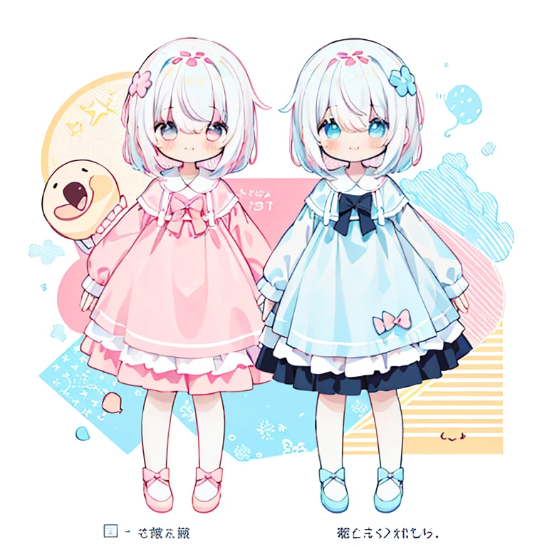 (PastelColors:1.5)、(Cute illustration:1.5)、(1 girl:1.0)、hair between eye、 hair between eye, 1 girl、full body Esbian、depth of fields、Deformed Character、Mini Character Girl、loose、Potato、Pale dull color、White Standard、Stretch out both hands、short limbs、Cute smile、Intriguing desire for asylum、Loose world、one girls、Deformed illustration、Mini Character Illustration、(Only one girl:1.4)、(Standing picture:1.2)、White hair、White and pink girl、White and light blue girl