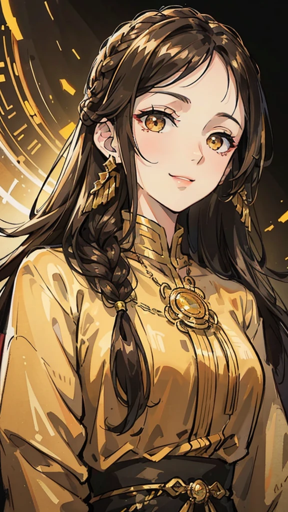 Woman , long dark brown hair, long dark brown hair , golden eyes, golden eyes, FOV, f1.8, masterpiece, front portrait shot, black and gold casual modern clothing, plain gold colored background, close up, smiling, front bangs, braid on the left side of hair, full front bangs