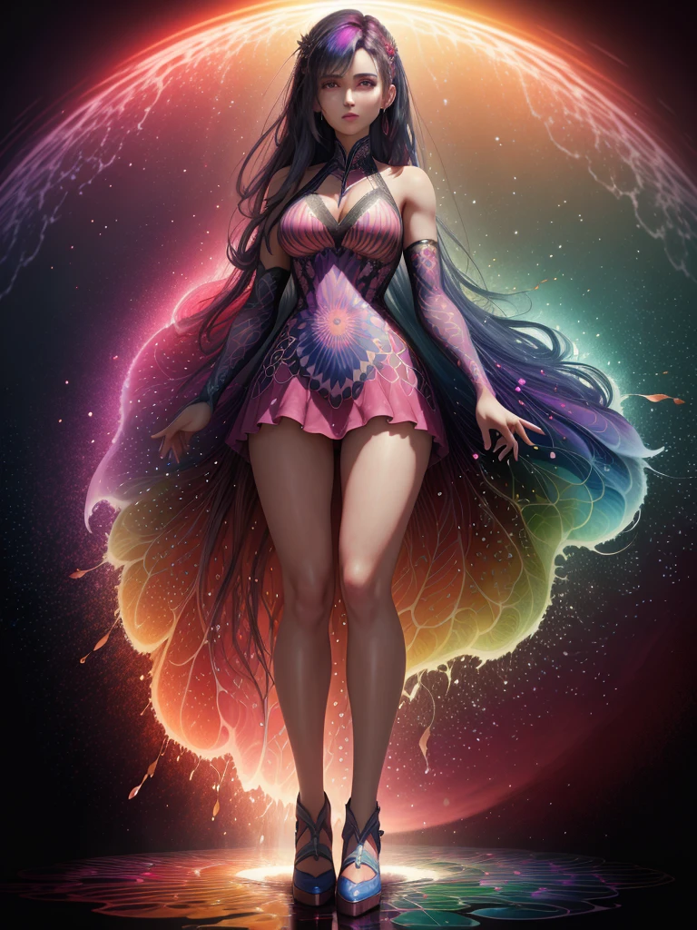"A stunning digital rendering of a woman with a kaleidoscope of colors in her dress and hair, standing in a cascade of rainbow water, each droplet reflecting a different hue."