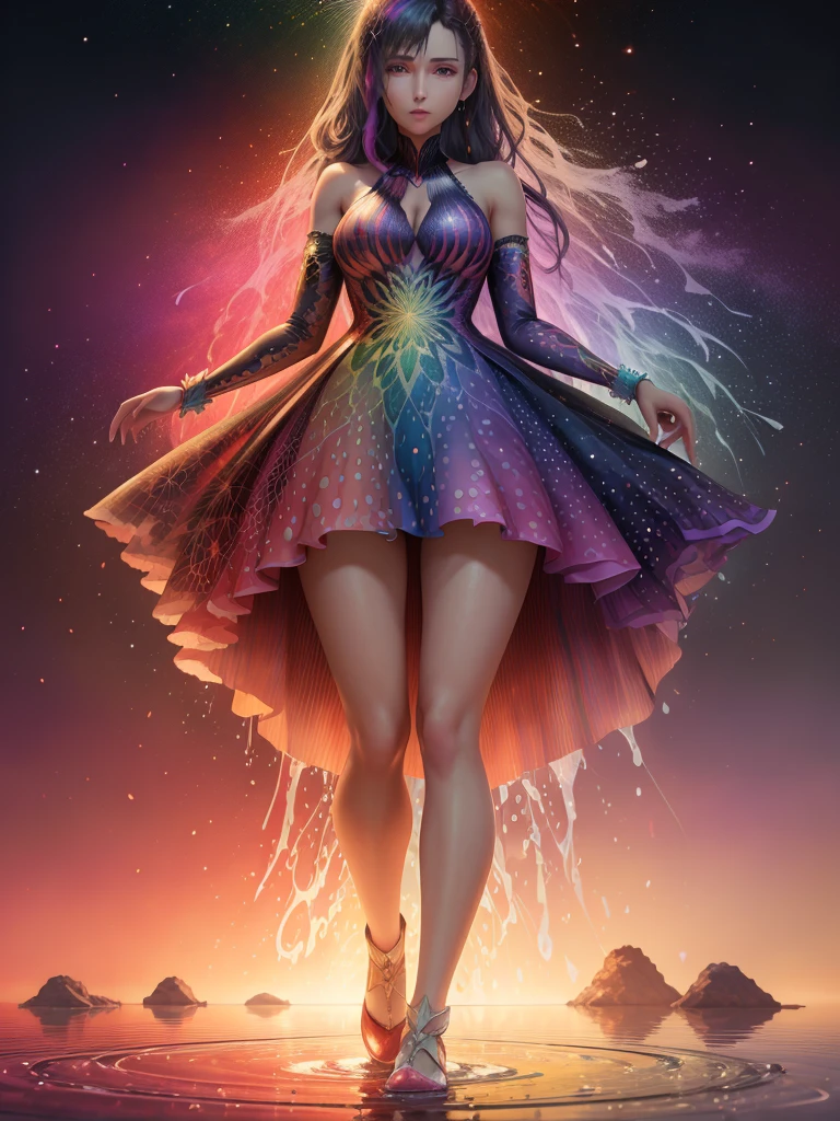 "A stunning digital rendering of a woman with a kaleidoscope of colors in her dress and hair, standing in a cascade of rainbow water, each droplet reflecting a different hue."