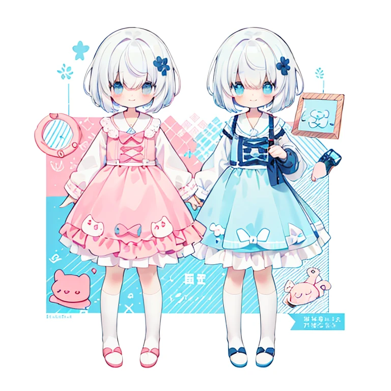 (PastelColors:1.5)、(Cute illustration:1.5)、(1 girl:1.0)、hair between eye、 hair between eye, 1 girl、full body Esbian、depth of fields、Deformed Character、Mini Character Girl、loose、Potato、Pale dull color、White Standard、Stretch out both hands、short limbs、Cute smile、Intriguing desire for asylum、Loose world、one girls、Deformed illustration、Mini Character Illustration、(Only one girl:1.4)、(Standing picture:1.2)、White hair、White and pink girl、White and light blue girl
