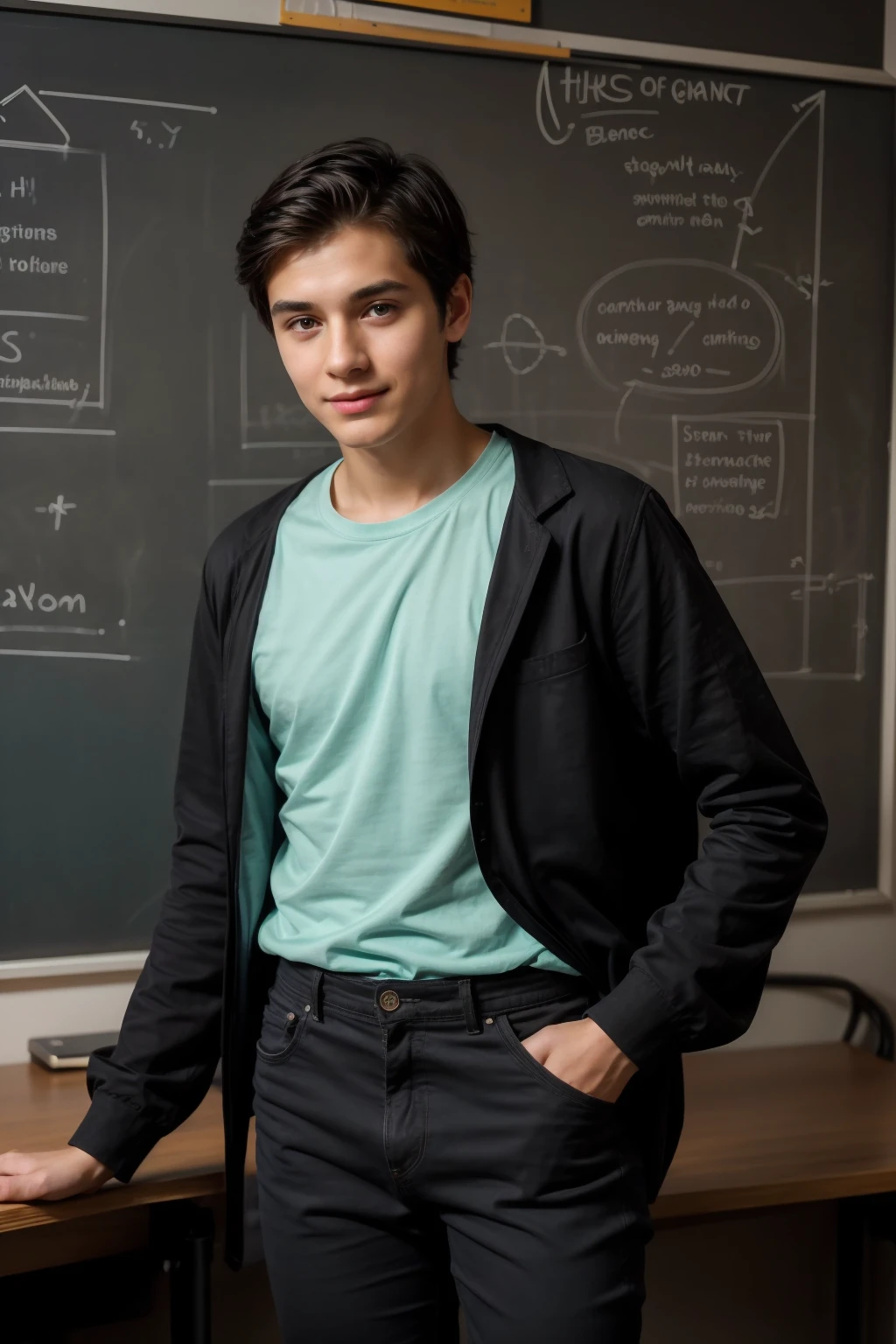 A beautiful, twinkling young man, a cute male, who is a genius in science. He has black hair and wears a long-sleeved aquamarine shirt and black jeans. He looks proudly in his office, and behind him is a blackboard with neurons written on it and neon energy coming out of it.