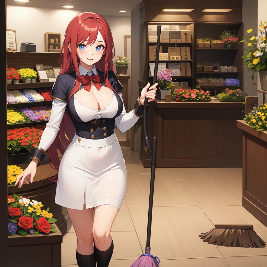 Highest quality、Ultra-high resolution、Fantasy、roleplaying game、Sweeping the floor with a broom、Busty female clerk、Inside the flower shop