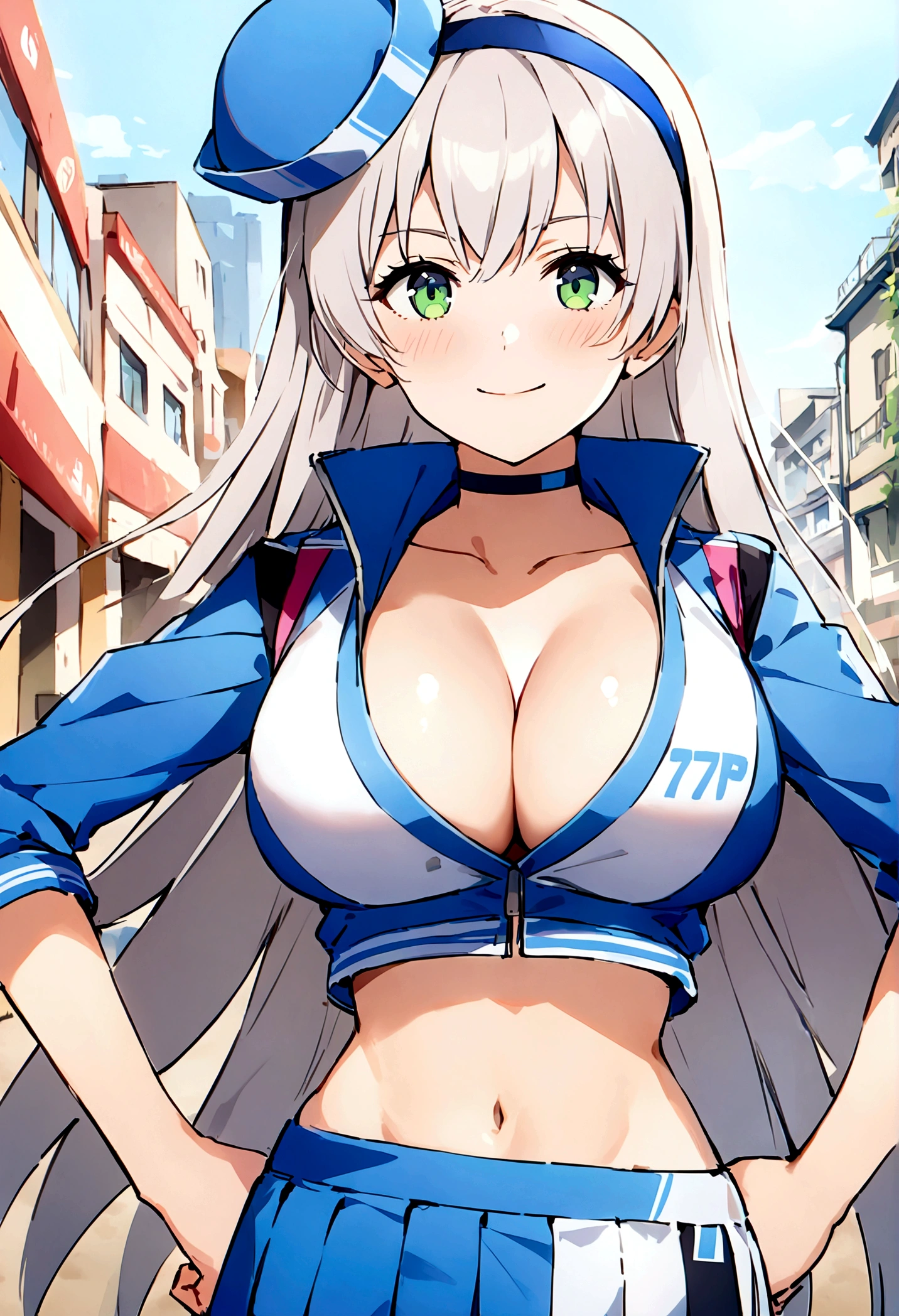 score_9, score_8_up, score_7_up,4k, ,BREAK , (from front,),standing,straight-on,hands on hips,1girl,RACEELIE,silver hair,long hair,HAIRBAND, CHOKER, BLUE HAT, BLUE JACKET, CROPPED JACKET, CLEAVAGE,large breast,, MIDRIFF, BLUE SHORTS, PLEATED SKIRT,(light smile),(daytime and beachside and city), ,(best quality),(aesthetic,very aesthetic),sharp focus,depth of field,,