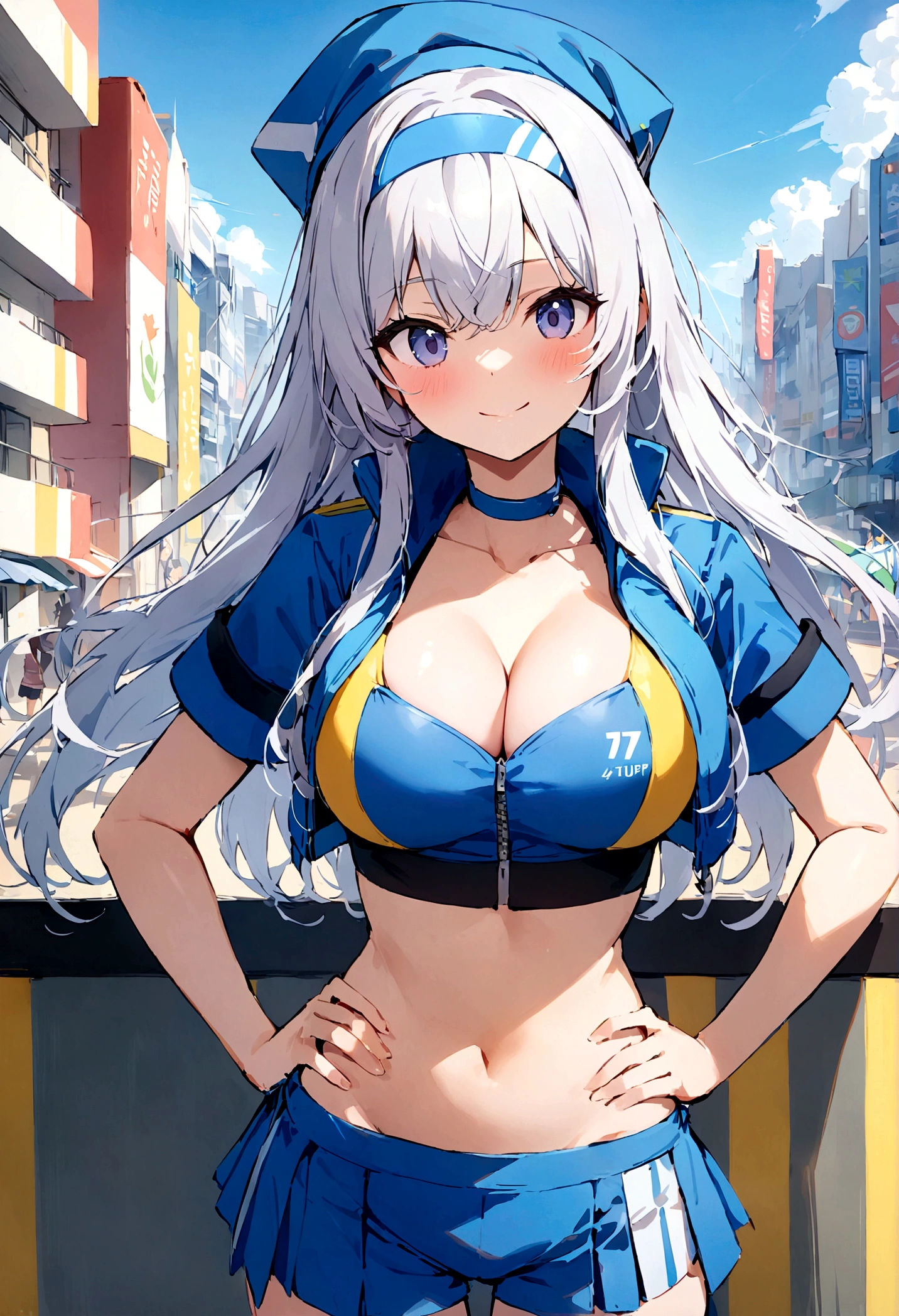 score_9, score_8_up, score_7_up,4k, ,BREAK , (from front,),standing,straight-on,hands on hips,1girl,RACEELIE,silver hair,long hair,HAIRBAND, CHOKER, BLUE HAT, BLUE JACKET, CROPPED JACKET, CLEAVAGE,large breast,, MIDRIFF, BLUE SHORTS, PLEATED SKIRT,(light smile),(daytime and beachside and city), ,(best quality),(aesthetic,very aesthetic),sharp focus,depth of field,,