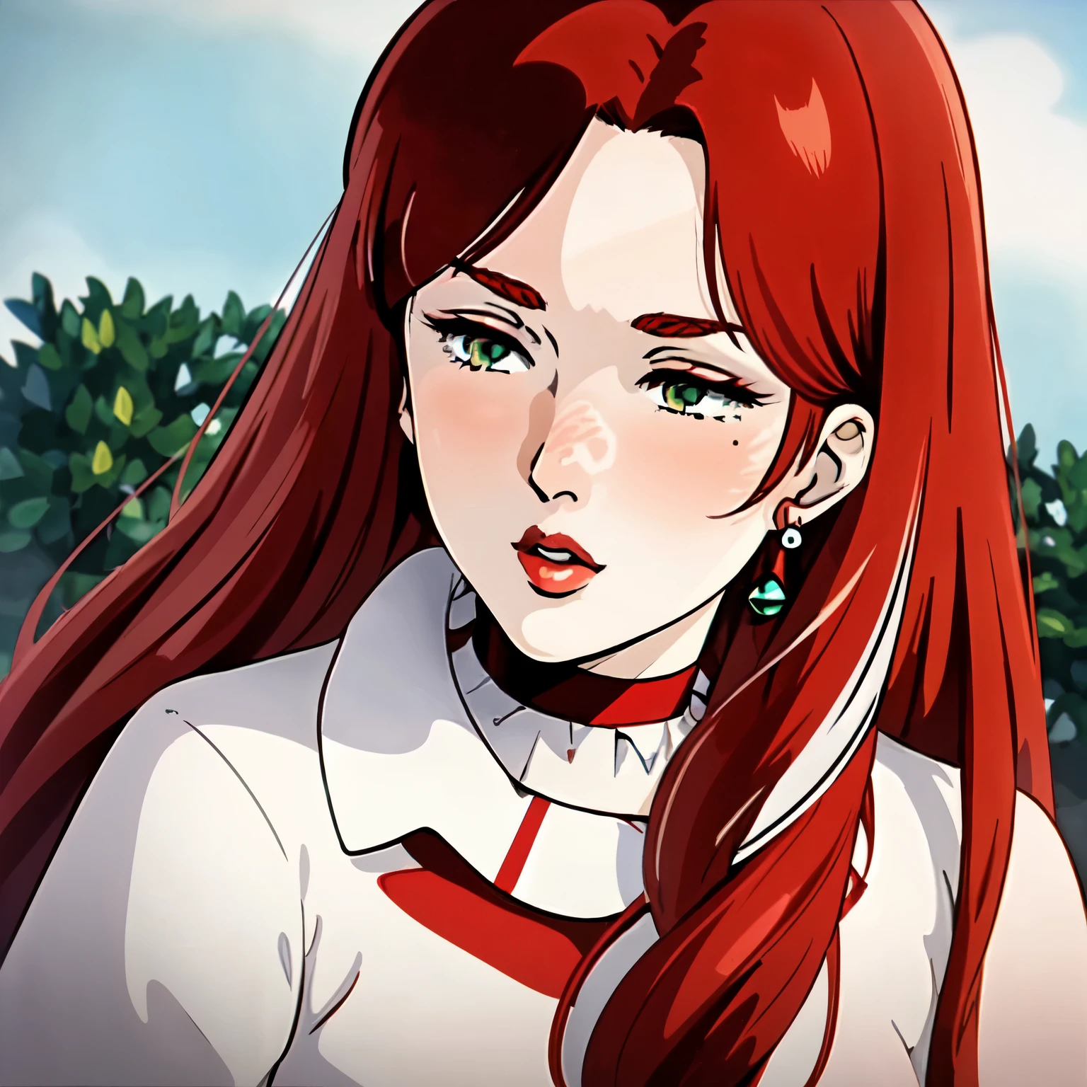 masterpiece,highres,high quality,upscaled,christinamackenzie,1girl, earrings, green eyes, face close-up, (red eyeshadow: 1.2), half closed eyes, open mouth, (red lips:1.1), choker, (face blush:1.1), (pale skin:1.2), (long hair:1.2),parted bangs,red hair,