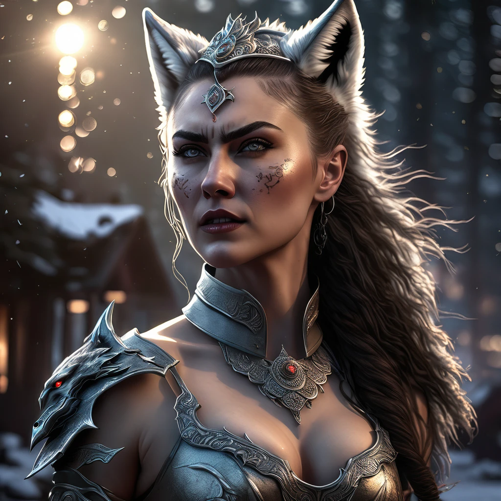 4k highly detailed realistic digital extremely high quality RAW photograph, a portrait photo of Sanna Marin that lived with wolves her whole life is now leading them to battle. torn clothes exposing (nude:1.4) body, armored pauldrons, fangs, curled horns, big breasts, ((snow and blood)), ((wolf tattoos)), epic, hyperrealistic, hyperrealism, 8k, cinematic lighting, greg rutkowski, wlop, (f1.8 short focus bokeh)