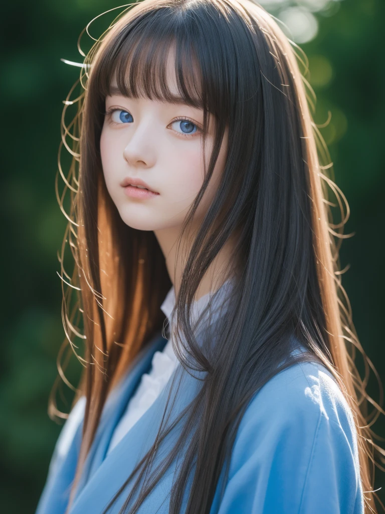 blue shining pupils, long hair, Caucasian