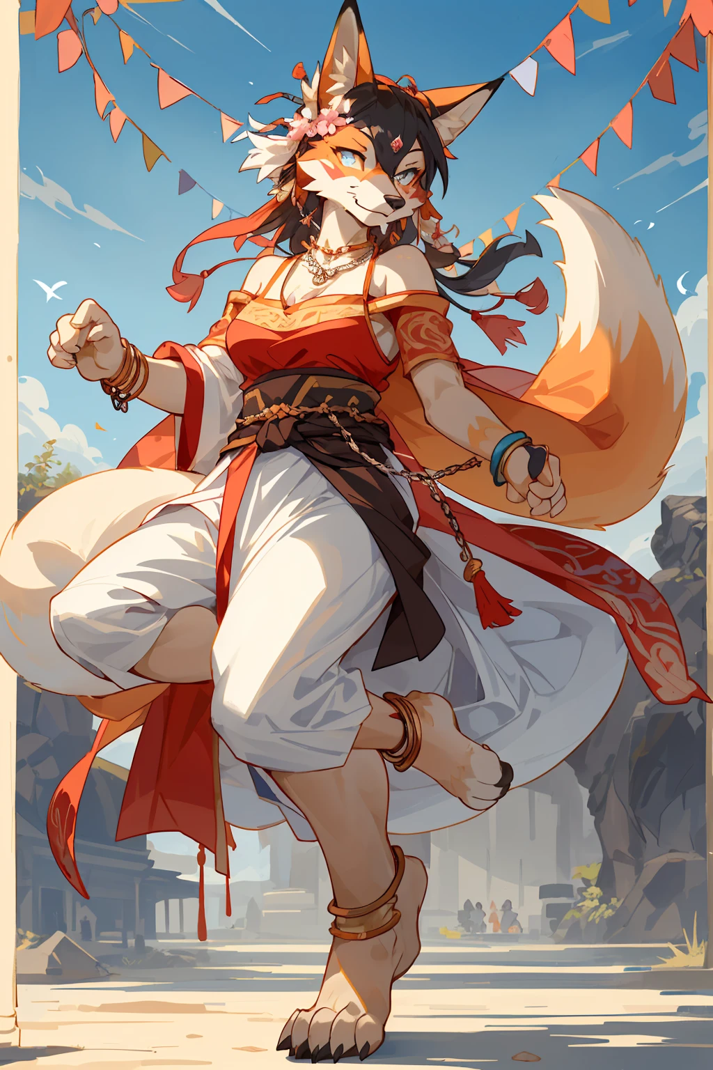 top quality, ancient Chinese beauty(highly detailed beautiful face and eyes)absurdres, perfect anatomy((beast woman, solo focus)) (((furry))) (furry anthro:1.7) ((((Furry body, fox facial features, fox body features)))) ((fox's muzzle, very detailed body fur))full body, dancing pose, gorgeous dress embroidered with intricate embroidery, transparent colorful ribbons tied around her arms, bare shoulders, open neck, wreath, black bun with flower hairpins Belts, armbands with streamers, necklaces, bracelets, anklets, metal chain tassels around the waist, Mogao Grottoes art, inspiration from Dunhuang Flying Apsaras murals, ink wash,