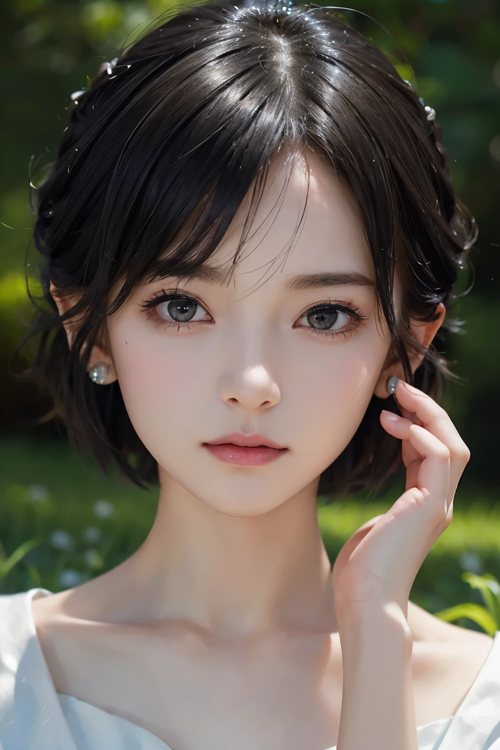 (((Black Short Hair))), (grassland), Seductive pose, 背景がgrassland、Image from chest up:1.6)、Close-up portrait of a woman wearing a white off-the-shoulder top dress and earrings, Soft portrait shot 8k, Nice delicate face, High-quality 4K portraits, High-quality portraits, Soft, perfect, pale skin, 8K Highly Detailed Face, なbeautiful繊細な顔, beautiful光の大きな目, Beautiful and realistic face, beautiful１４Old woman, Beautiful and realistic face, cute１４Old woman