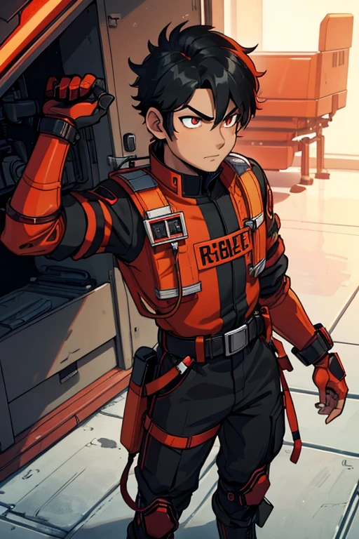 male, orange eyes, black hair, tan skin, (((1boy))), (((red and black futuristic Fire Rescue uniform))), (red Fire Rescue helmet), (black cybernetic gauntlets), (black boots), (black belt), long legs, beard