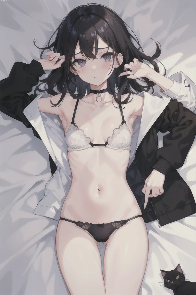 1girl, R18, white bed background, Above the thighs only, ,lying in bed, Barely covering the nipples, barely covers the genitals, Be careful behind, black hair, long hair, black solid choker around neck, cat eyes, cat eyes썹, moderate chest, Black bra, broken bra, white dress shirt, Black Jacket, Barely Covered Breasts, navel, Place your right hand on your lower abdomen, Cover your mouth with your left hand, Very light blush on upper cheeks, thong panties, Black panties, Very small panties, broken panties, Important parts barely covered, Nipples barely covered by bra, Barely covered with panties, pants fall down, black pants, mastetpiece