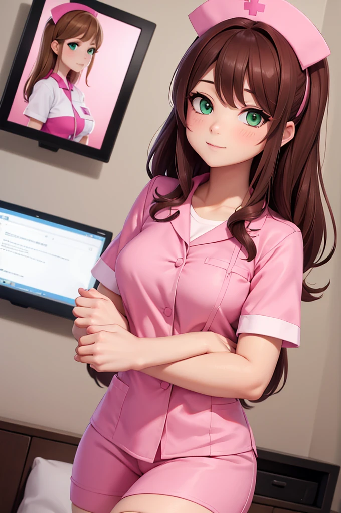 A sexy nurse in pink clothes, brown hair and green eyes