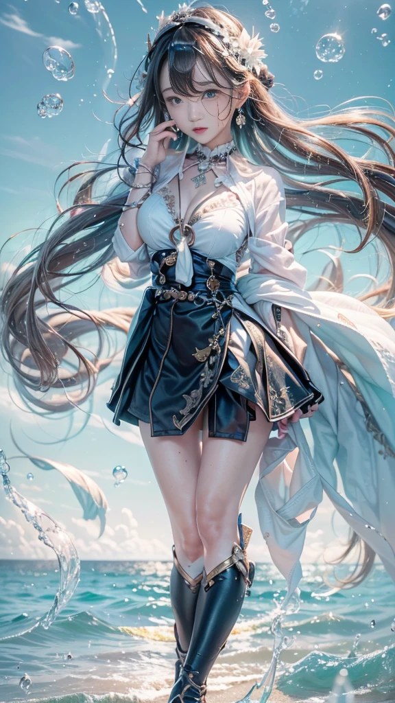 (32k:1.5, Highest quality, masterpiece, Ultra-high resolution), (Night beach, Dramatic moonlight:0.9, Mysterious World:1.2, Expressions of sadness:1.0), Side Shot, Fractal Art:1.3, Perfect dynamic composition:1.3, Very detailedな肌と顔の質感:1.3, Dynamic flow of waves:1.3, Dynamic wind flow:1.3, The subject is observed from a distance, elegant and sophisticated:0.5, Fair skin, Incredibly slim body:0.9, Very beautiful face, Water droplets on the skin, (Office Lady Uniform:1.3, Crying looking upwards:1.3), Very accurate, Very detailed, Big eyes that exude beauty, Beautiful Lips, Unreal atmosphere, Earrings, bracelet