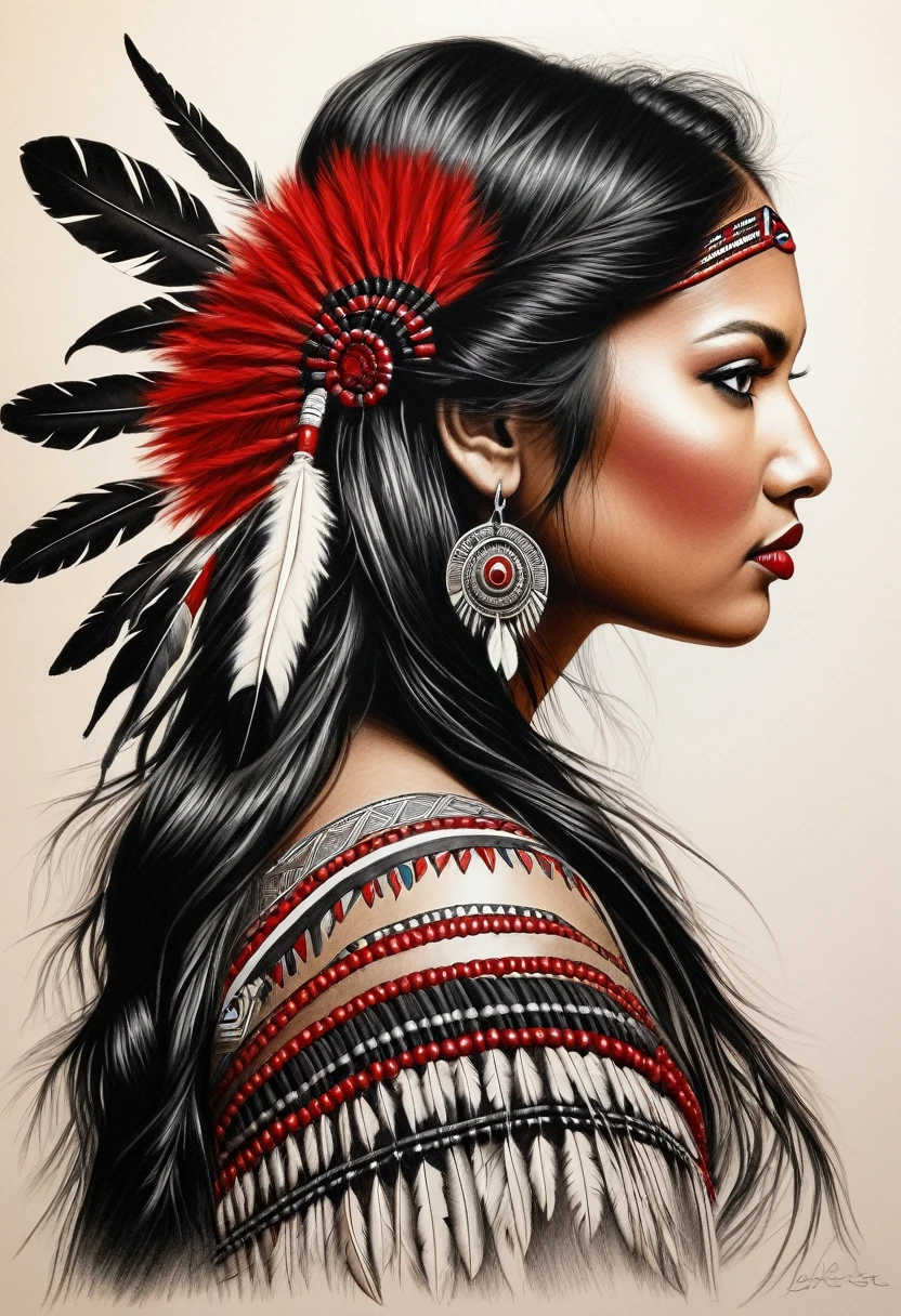 A detailed black and red drawing of a Native American woman made with a fine black pencil. The view from the back, to the size, elle plisse les yeux vers le spectateur, turn your left shoulder. Native American warrior makeup, tatouages élégants avec des attrape-rêves et des fleurs. complicated hairstyle, plumes rouges dans ses cheveux. long cils, une très belle jeune femme indienne élancée, peau blanche. Master drawing, very high quality, photographic precision.