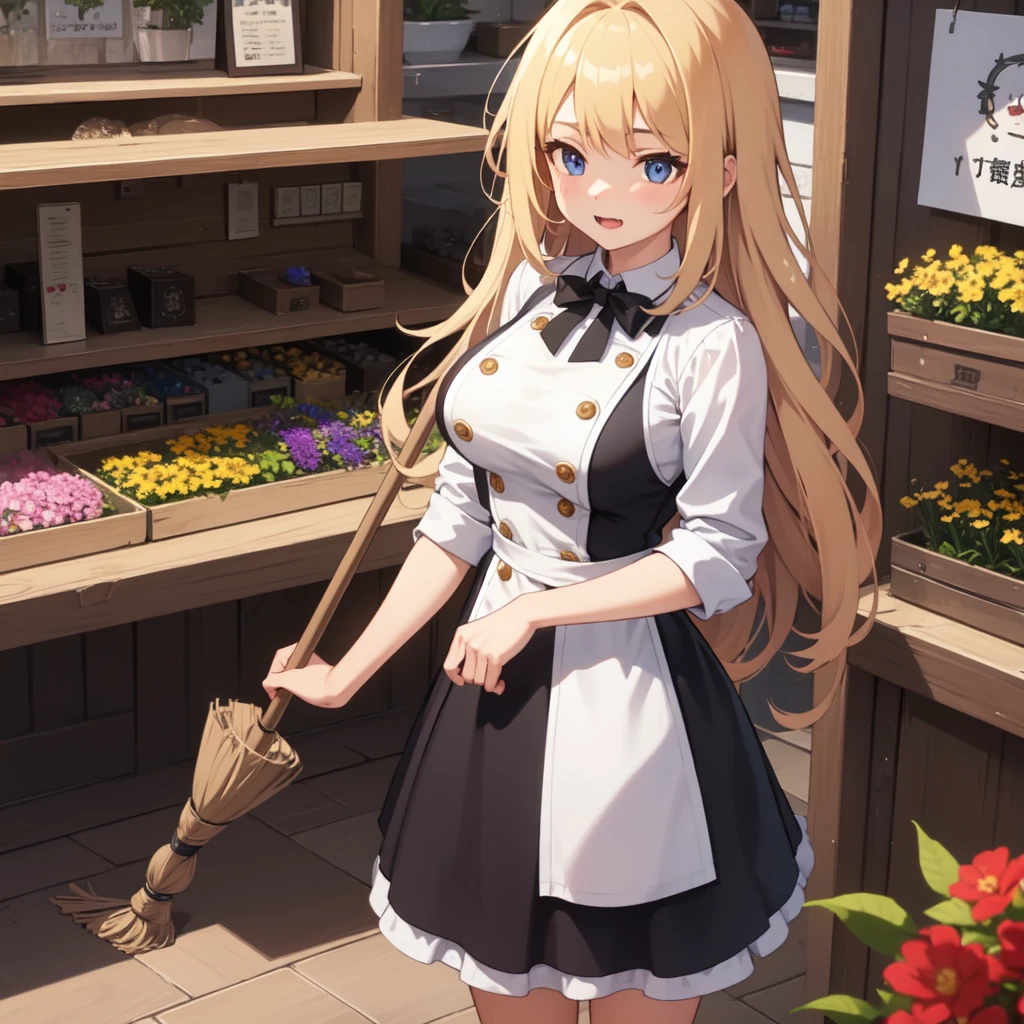 Highest quality、Ultra-high resolution、Fantasy、roleplaying game、Sweeping the floor with a broom、Busty female clerk、Inside the flower shop