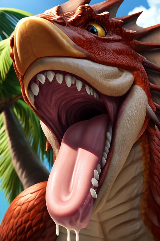 Single mythical feathered wyvern with no teeth, large wide open mouth, coconut with milk dripping inside mouth, surprised face facing the camera, body shot, photorealistic. Coconut Milk dripping inside mouth.coconut Milk dripping out of mouth. Muscles jaw. Defined wyvern jaw, head lower then camera, fish tongue